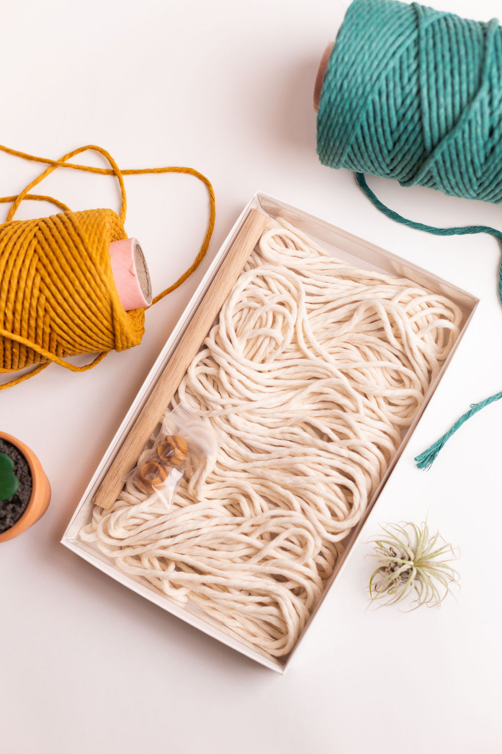 Mini Macrame Plant Hanger DIY Kit Box and Finished Product